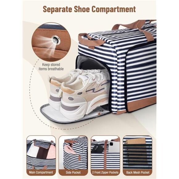 Large Travel Duffle Bag Women Foldable Carry On Weekender Overnight Gym Tote - Picture 5 of 7